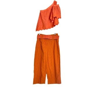 2 Piece Anthropologie Where Mountains Meet Eyelet Embroidered Orange Pants Top